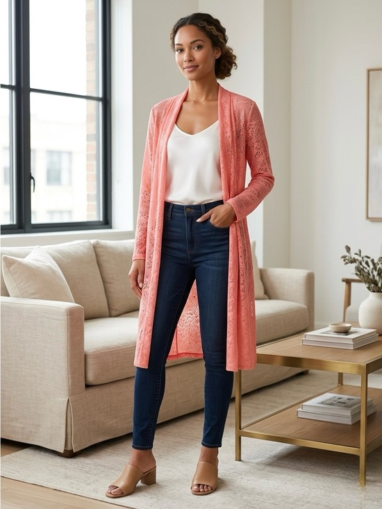 Lexington Avenue Sweaters - Coral Lace Cardigan Duster